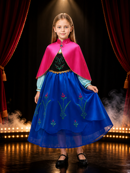 Girls Anna Princess Costume Dress, Long-Sleeve High-Neck Halloween Outfit Costume Dresses detail 3