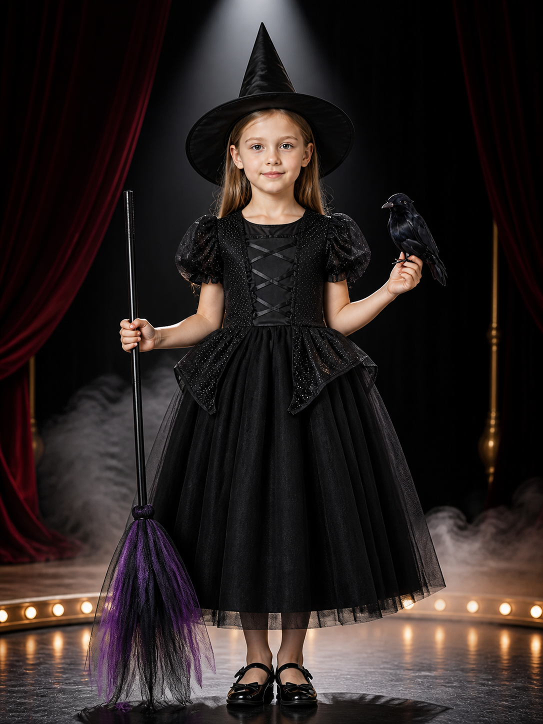 Kids' Purple and Black Witch Costume Dress Set with Hat, Broom and Crow Costume Dresses detail 3