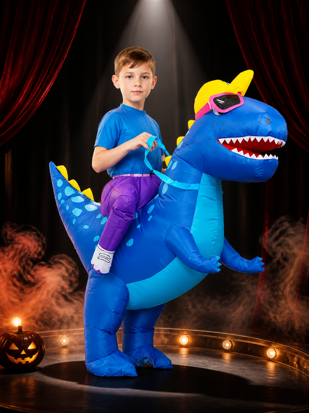 Inflatable Blue Dinosaur Costume with Pink Goggles, Halloween Party Outfit