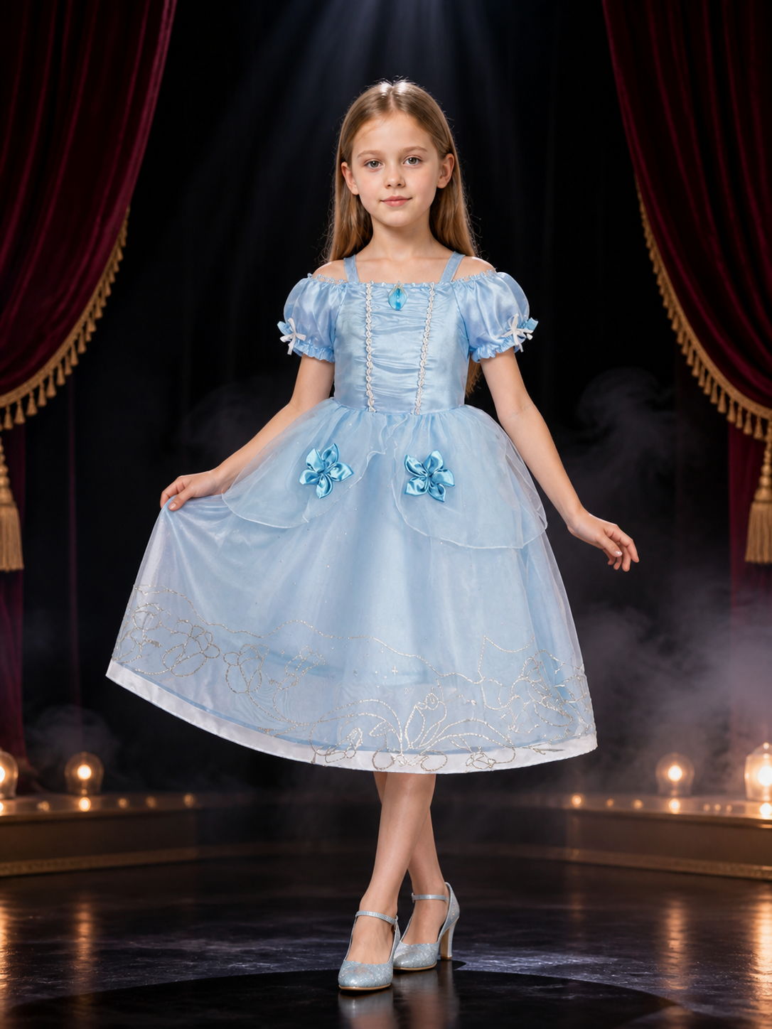 Kids Princess Costume Dress, Light Blue Puffy Sleeve Tutu Skirt with Flower Costume Dresses detail 3