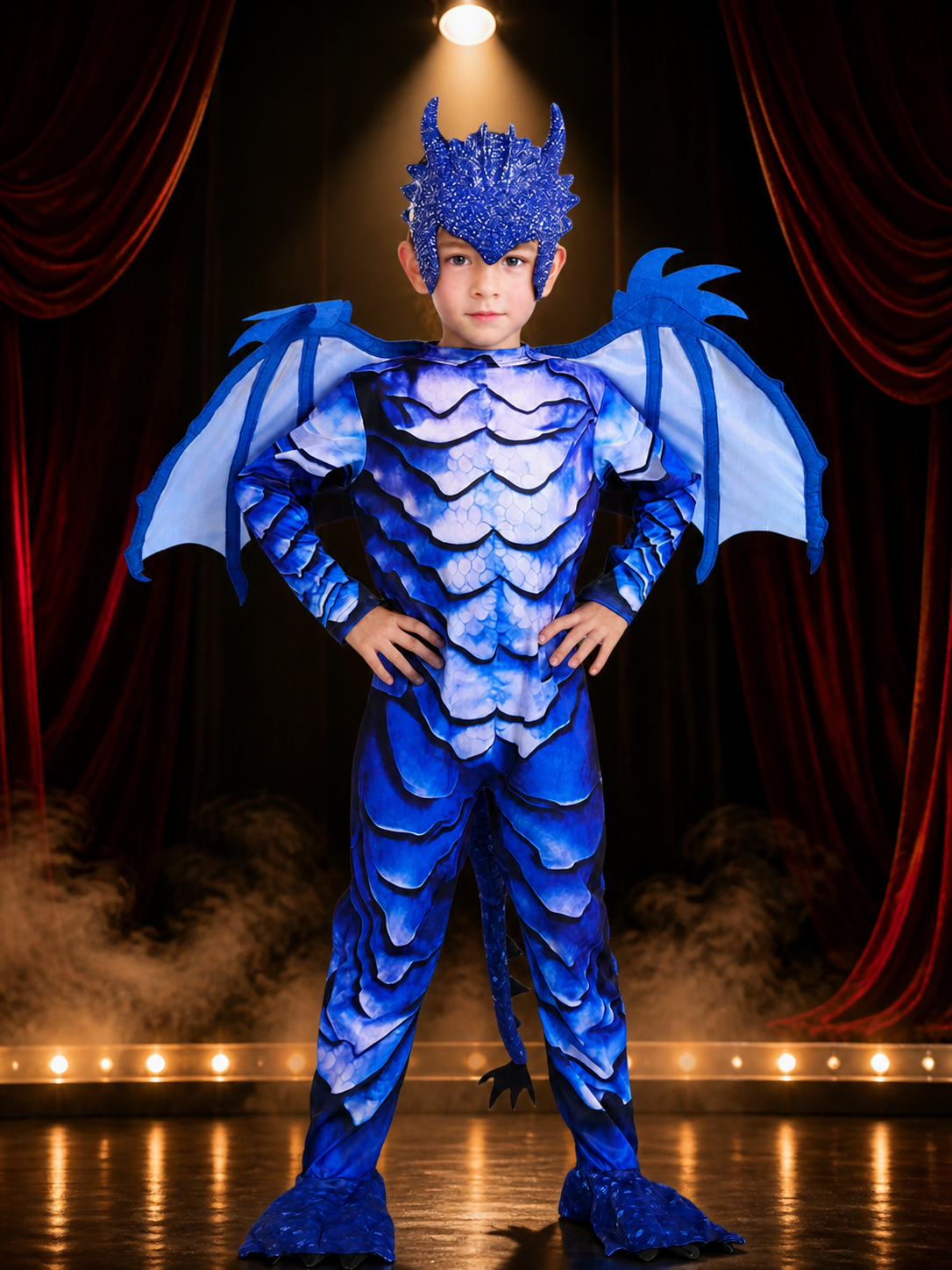 Kids Blue Dinosaur Jumpsuit Costume with Wings, Tail and Scales for Halloween Costumes detail 3