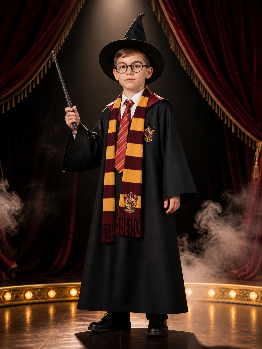 Kids Wizard Robe Costume Set with Hood, Burgundy Gold School Crest, Includes Costumes detail 3