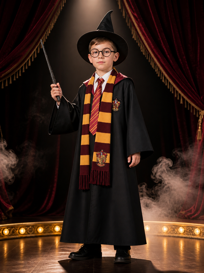 Kids Wizard Robe Costume Set with Hood, Burgundy Gold School Crest, Includes Costumes detail 3