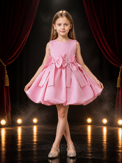 Girls' Pink Princess Dress, Sleeveless Puffy Skirt With Multiple Bow Details Costume Dresses detail 3