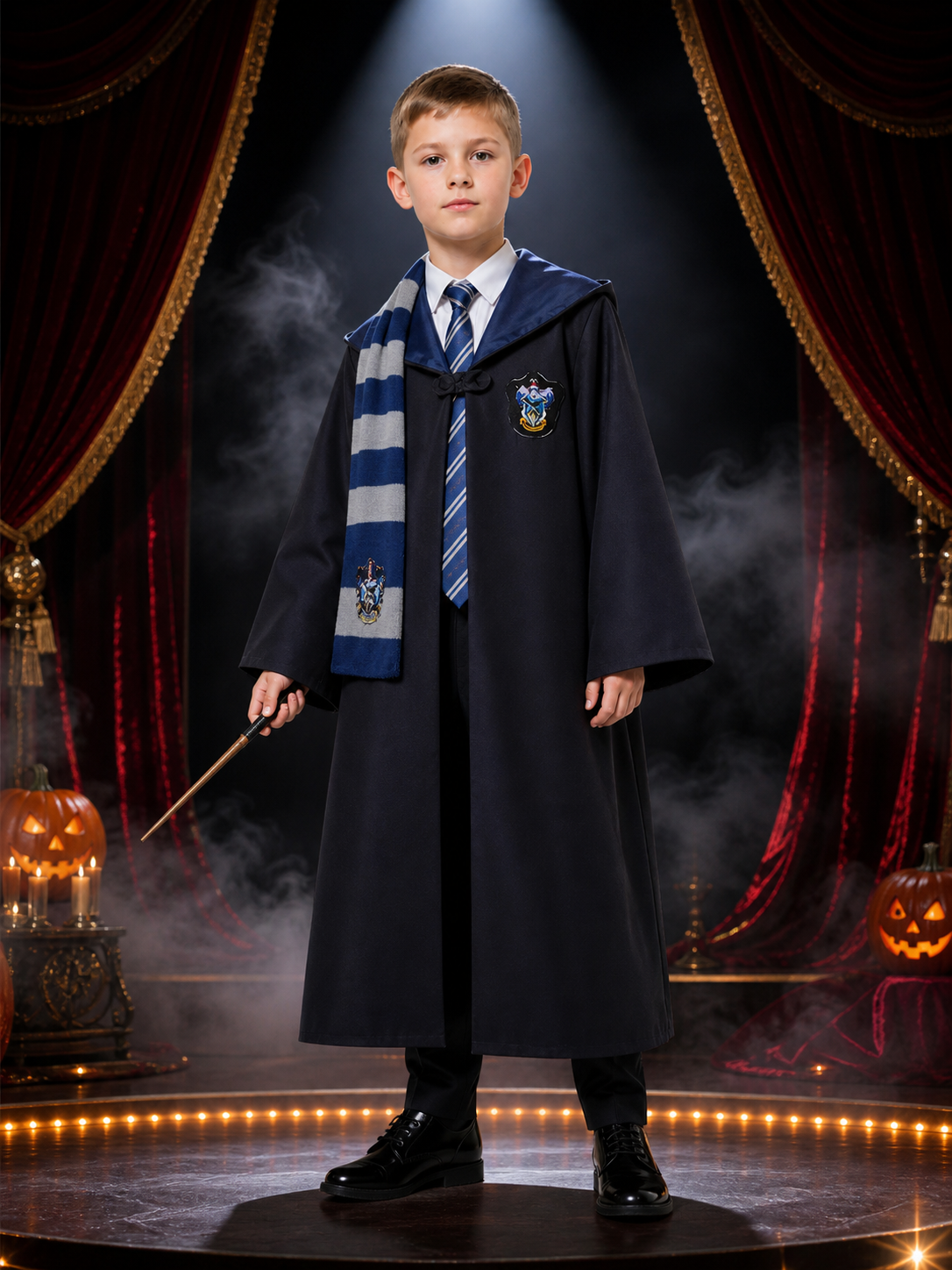 Ravenclaw Wizard Costume Set, Long Navy Blue Robe with Striped Tie and Scarf Costumes detail 3