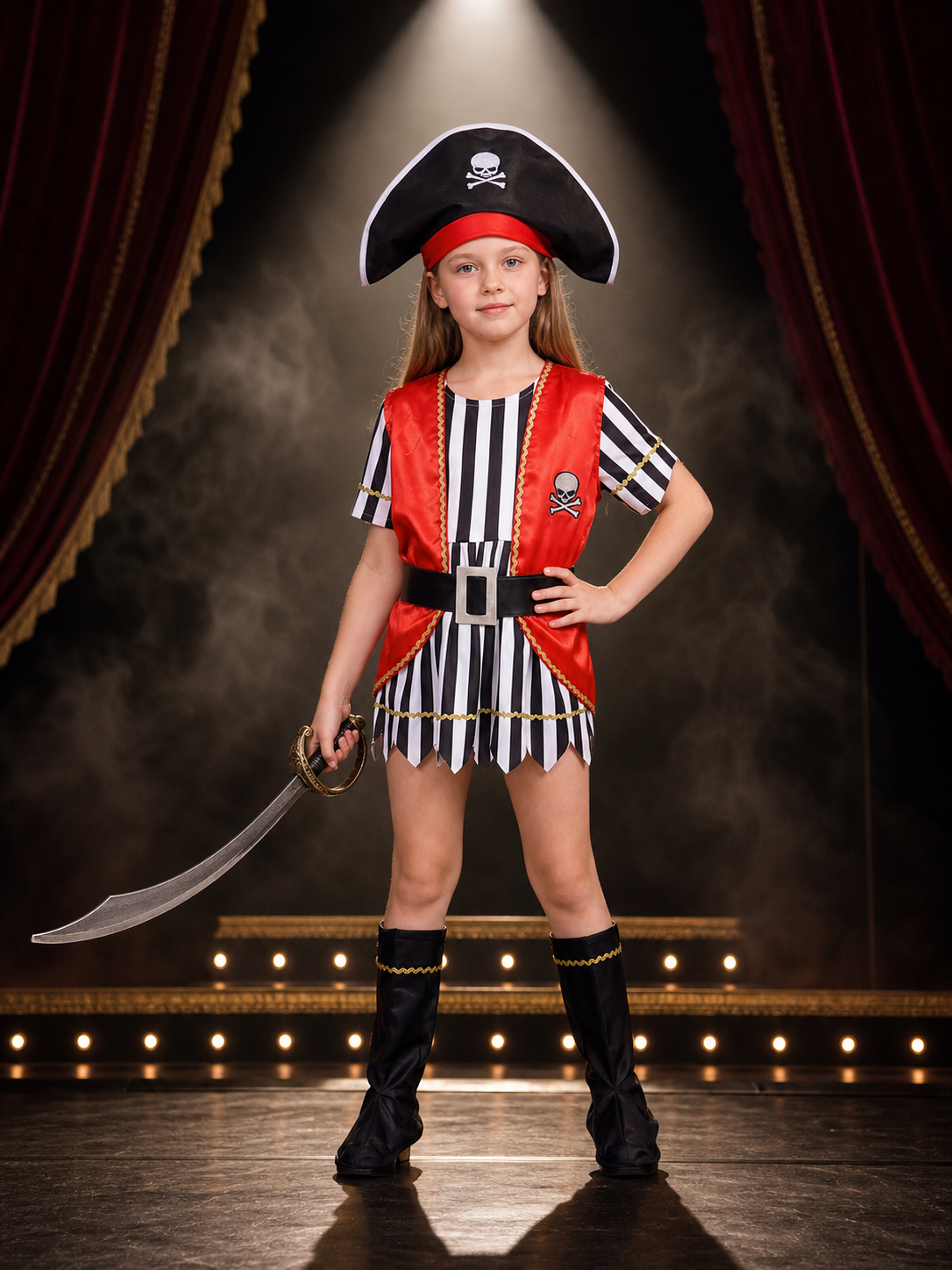 Kids Pirate Costume Set, Red Vest with Skull Print, Striped Jersey and Hat for Costume Headwear detail 3