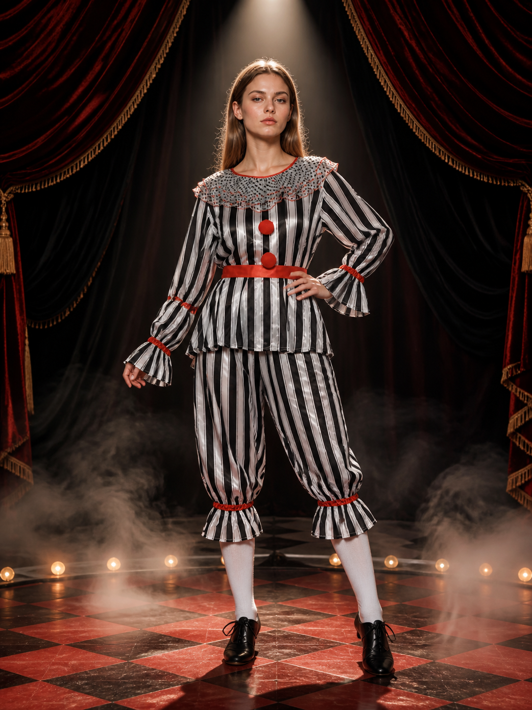 Adult Striped Clown Costume Set with Ruffle Collar and Red Trim, Two-Piece Costumes detail 2