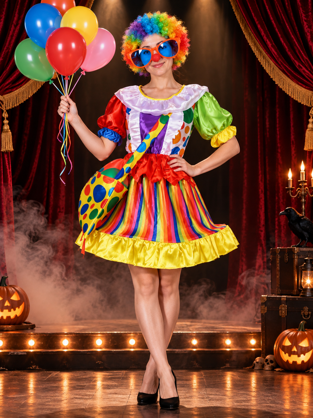 Clown Carnival Costume: Rainbow Dress and 9 Accessories