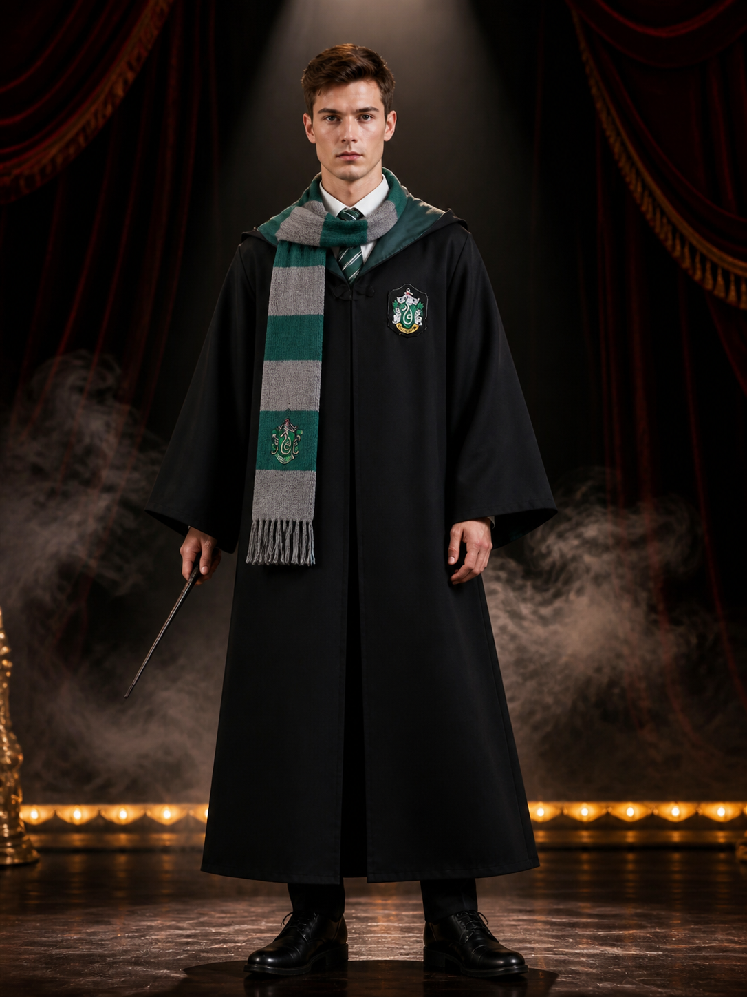 Kids Wizard Robe Costume Set, Hooded Black Robe with Striped Tie and Scarf Costumes detail 3