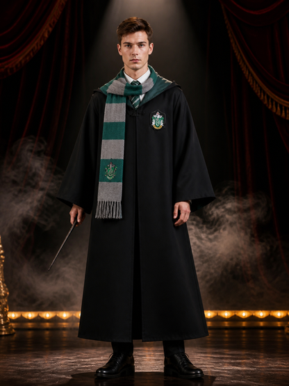 Kids Wizard Robe Costume Set, Hooded Black Robe with Striped Tie and Scarf Costumes detail 3