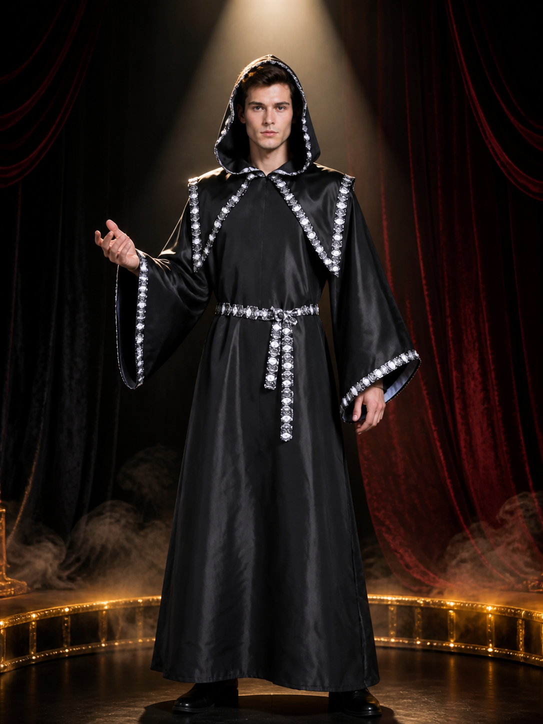 Black Hooded Wizard Robe Costume Set with Silver Sequin Trim and Belt Costumes detail 3
