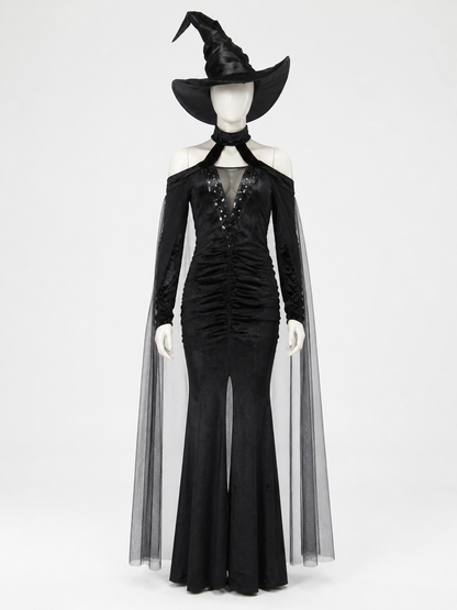Women's Sequined Witch Costume Dress with Cape and Hat - Black Halloween Outfit Costume Dresses detail 3
