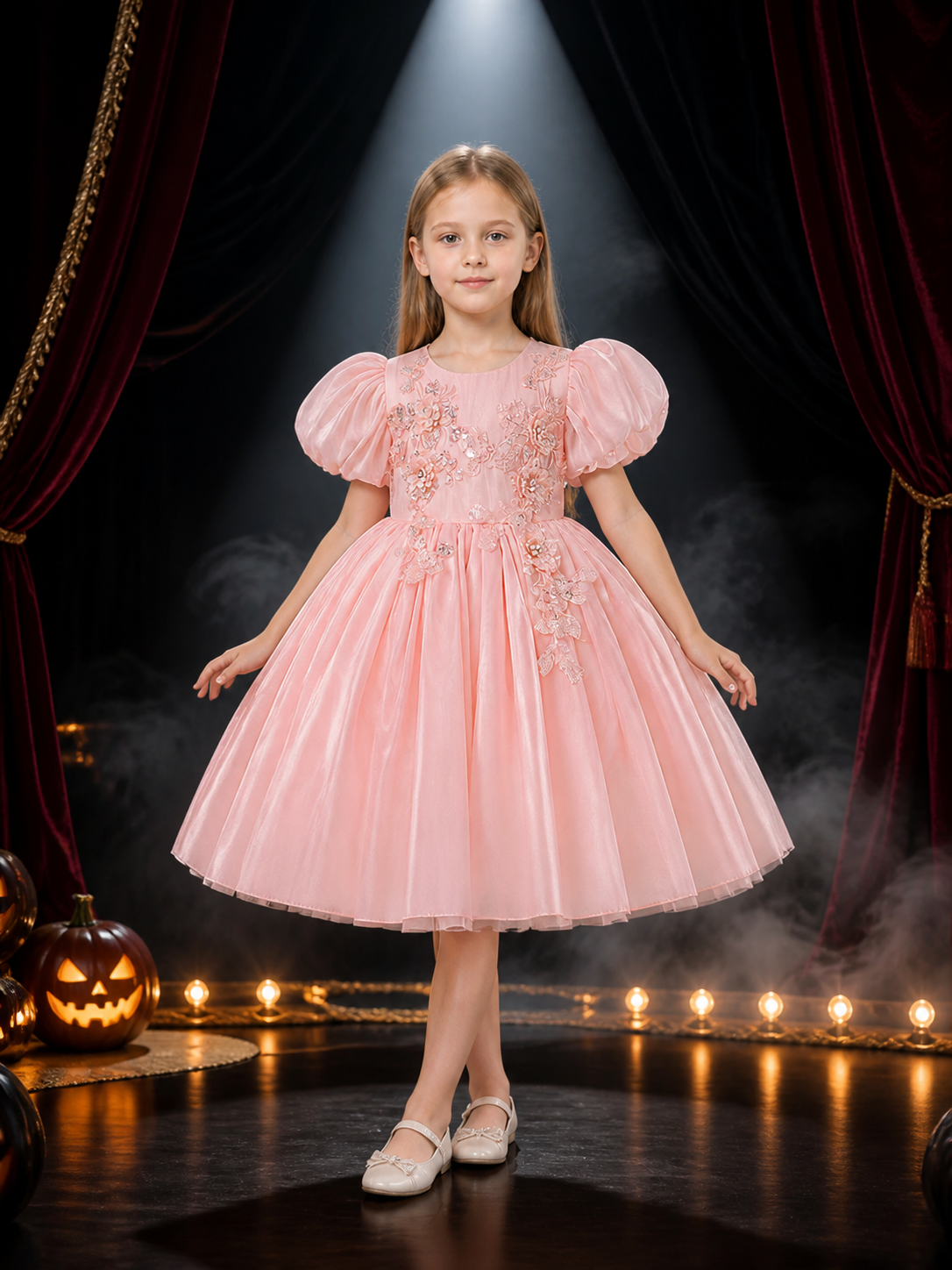 Girls' Pink Princess Dress With Puff Sleeves, Floral Sequin Embroidery and Tulle Costume Dresses detail 3