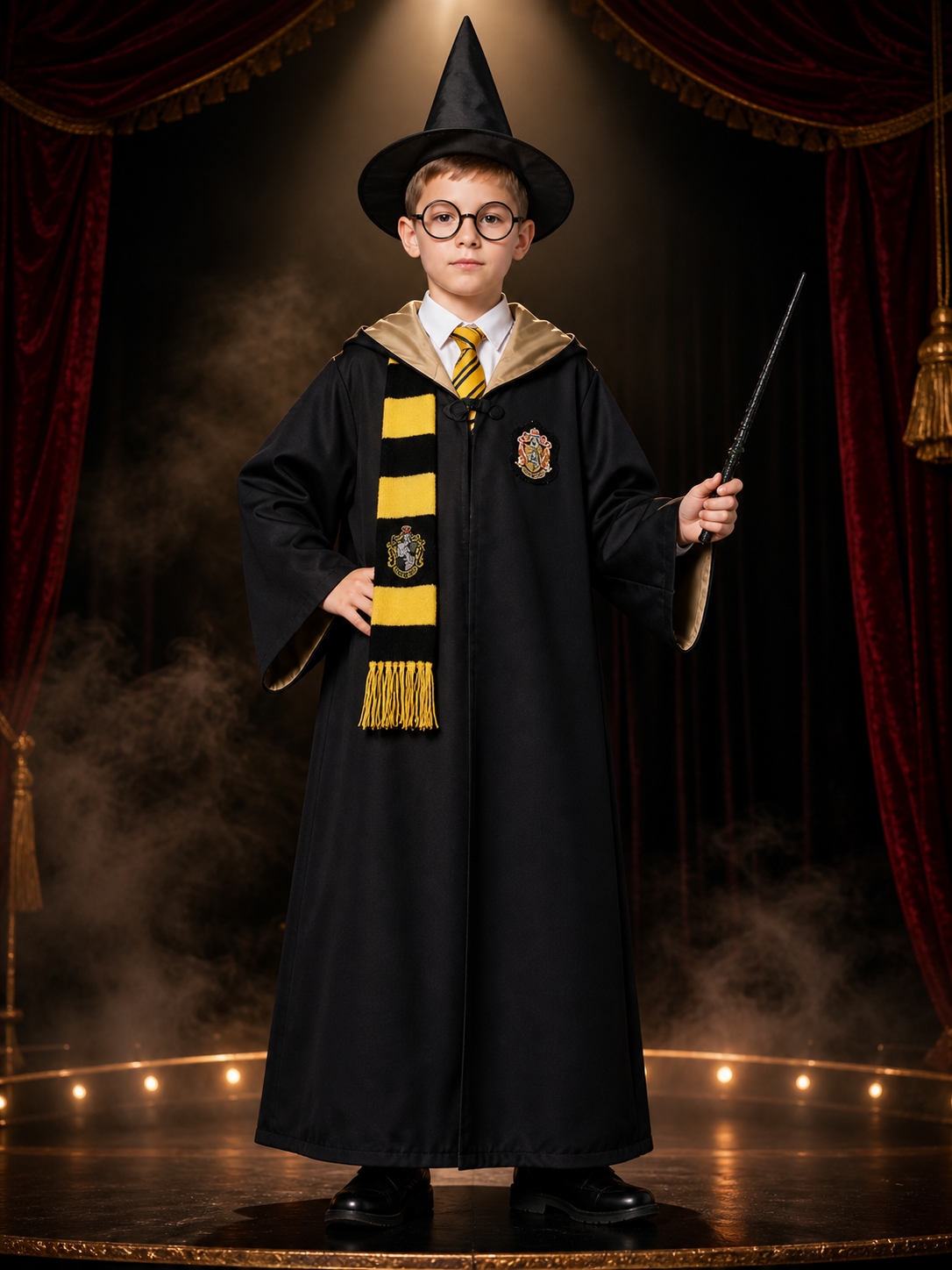 Kids' Wizard Costume Set, Black & Gold Robe with Hat, Scarf, Glasses and Wand Costume Headwear detail 3