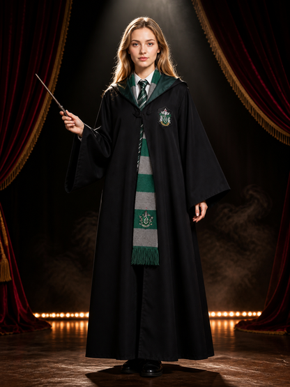 Wizard Long Hooded Robe Costume Set with Tie & Scarf, Green and Grey Stripes