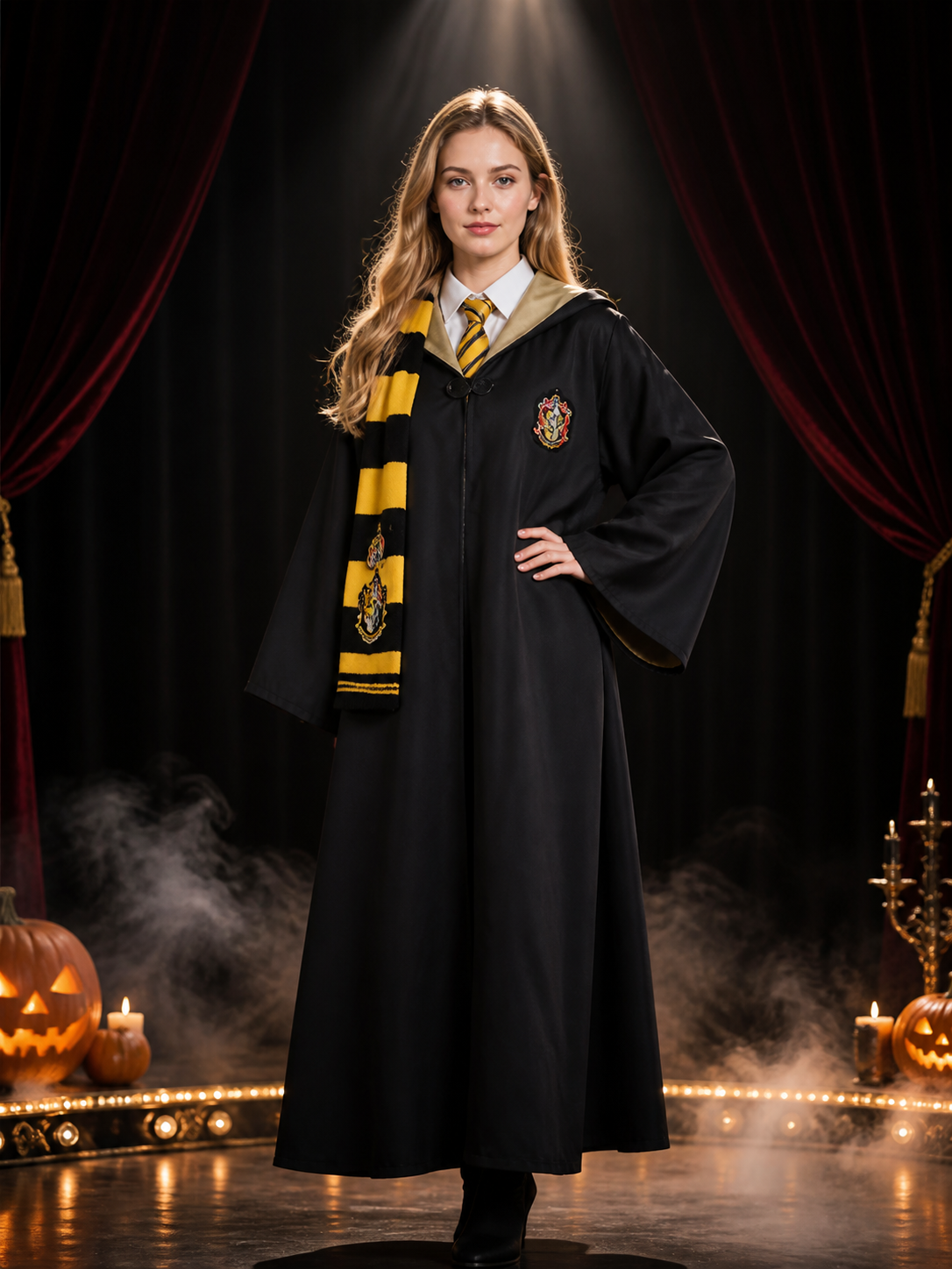 Hufflepuff Wizard Robe Costume Set with Hooded Cloak, Tie, Scarf and Halloween Costume Capes detail 3