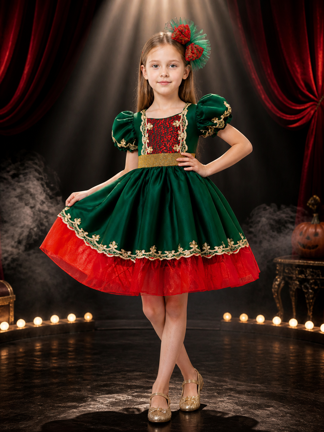 Girls' Christmas Princess Dress, Sequined Red and Green Tulle Party Outfit Costume Dresses detail 3