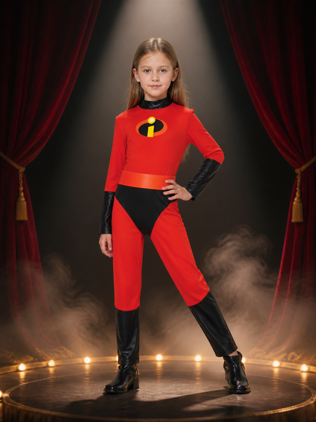 Kids Superhero Bodysuit Costume, Red Jumpsuit with Black Eye Mask, Chest Emblem Costume Masks detail 3