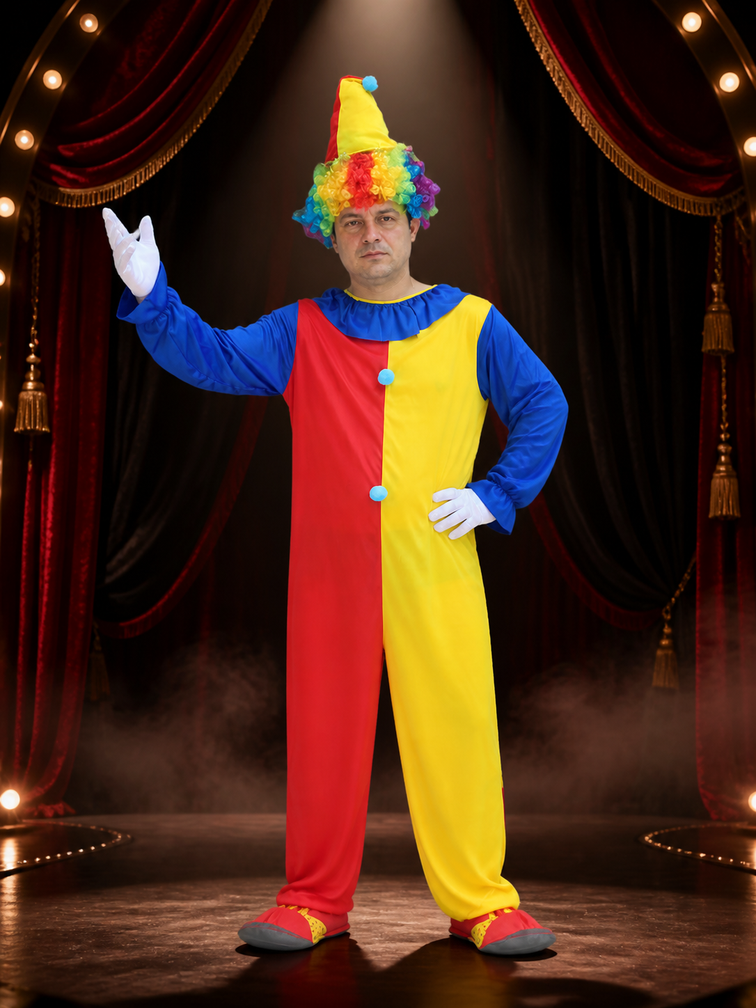 Halloween Adult Unisex Clown Costume Set with Red-Yellow Jumpsuit and Hat Costume Headwear detail 3