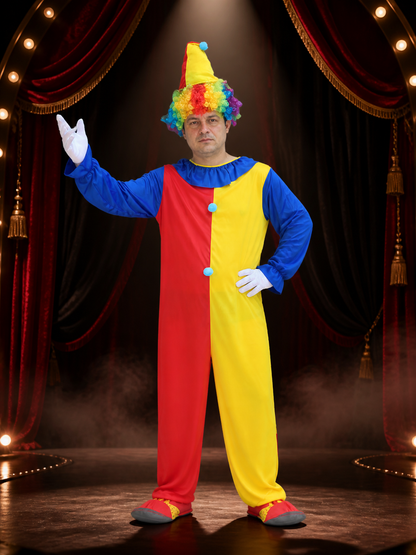 Halloween Adult Unisex Clown Costume Set with Red-Yellow Jumpsuit and Hat Costume Headwear detail 3