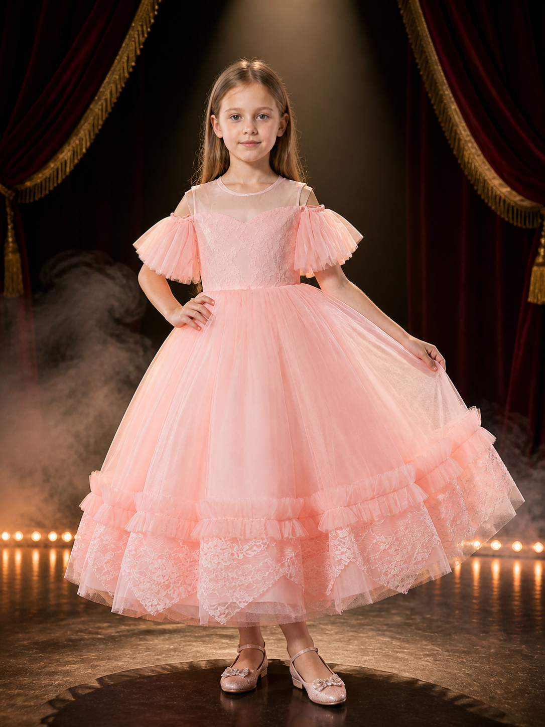 Girls' Pink Lace Princess Dress, Layered Tulle Formal Gown Costume Dresses detail 3