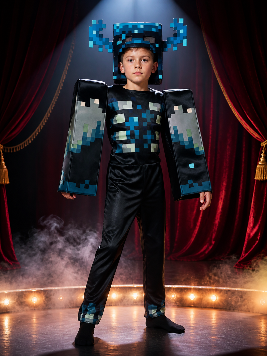 Warden Costume Jumpsuit, Blue Black Pixelated Cosplay Bodysuit with Headpiece Costume Headwear detail 3