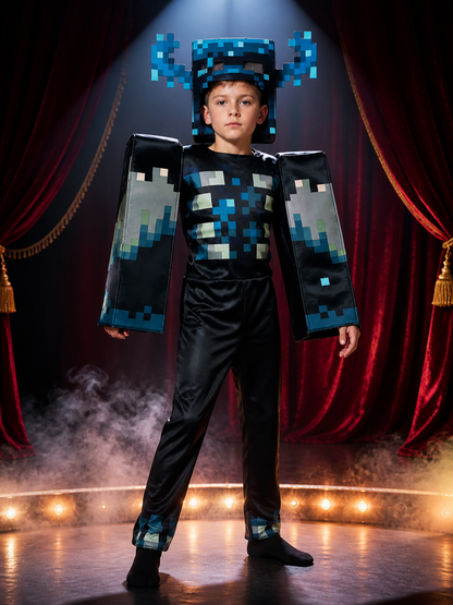 Warden Costume Jumpsuit, Blue Black Pixelated Cosplay Bodysuit with Headpiece Costume Headwear detail 3