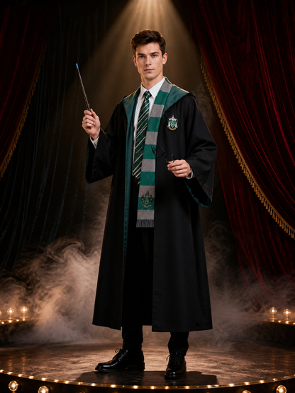 Slytherin-Themed Hooded Wizard Robe Costume Set With Scarf, Tie, Glasses And Costumes detail 3