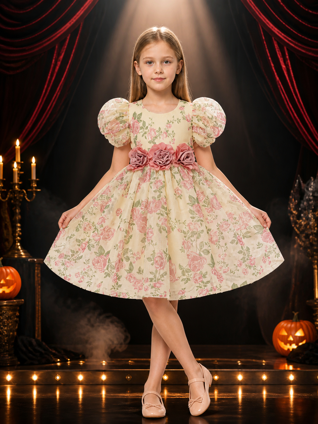 Baby Girls Floral Princess Dress, Puff Sleeves, 3D Flower Waist Detail Costume Dresses detail 3