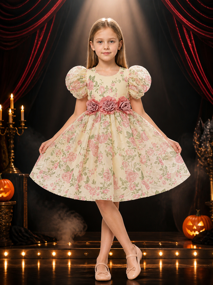 Baby Girls Floral Princess Dress, Puff Sleeves, 3D Flower Waist Detail Costume Dresses detail 3