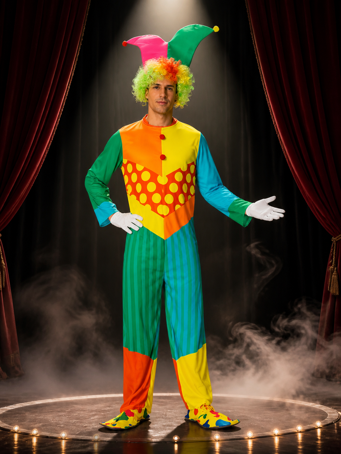 Adult Unisex Clown Jumpsuit Costume with Hat, Multicolor Striped Polka Dot Costume Headwear detail 3