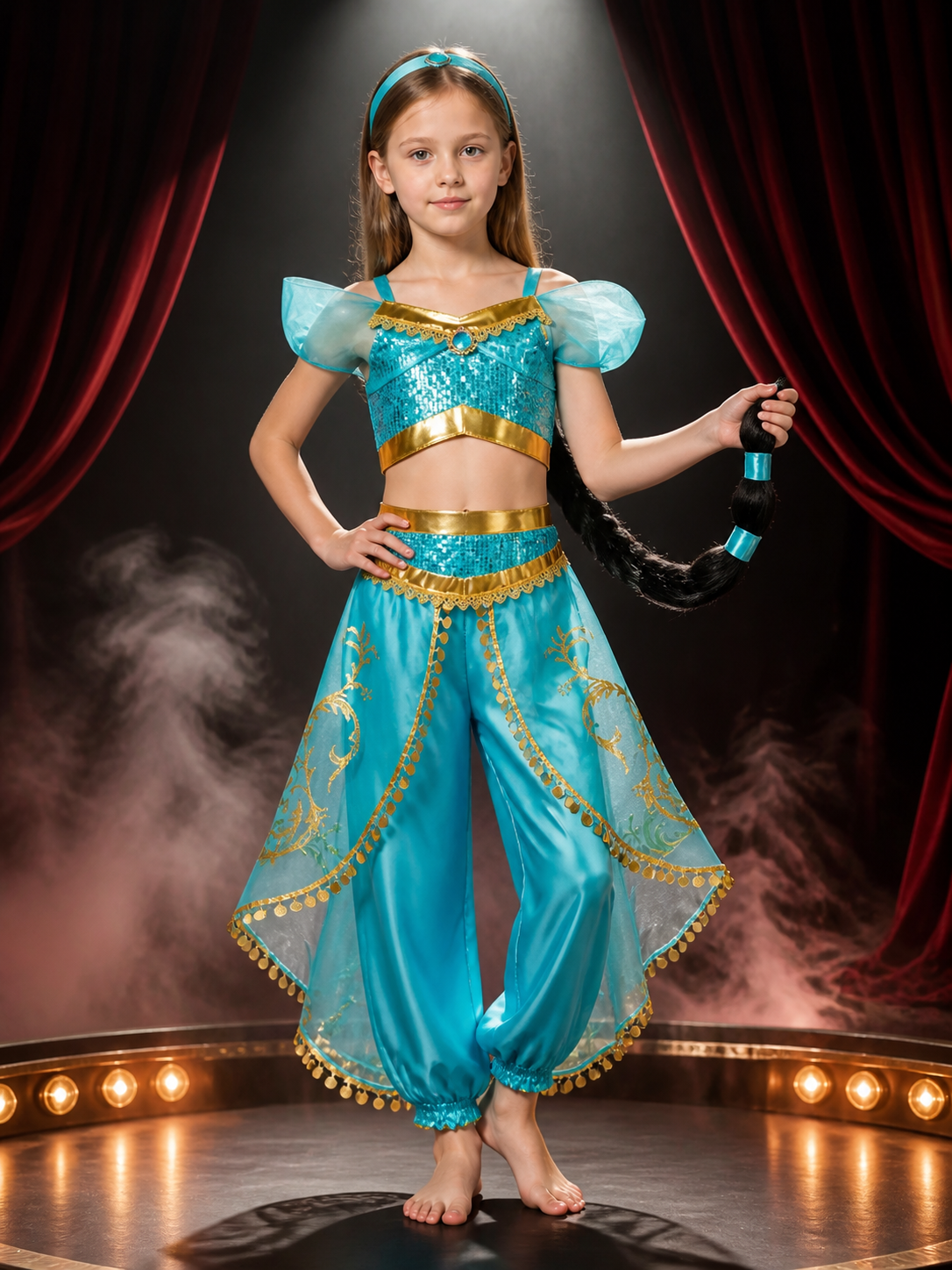 Girls' Arabian Princess Sequin Halloween Costume Set With Top, Pants And Wig Costume Wigs detail 3