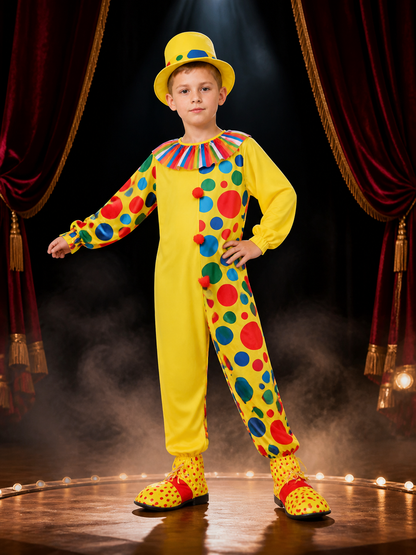 Boys' Clown Costume Set, Colorful Polka Dot Jumpsuit With Hat Costume Headwear detail 3