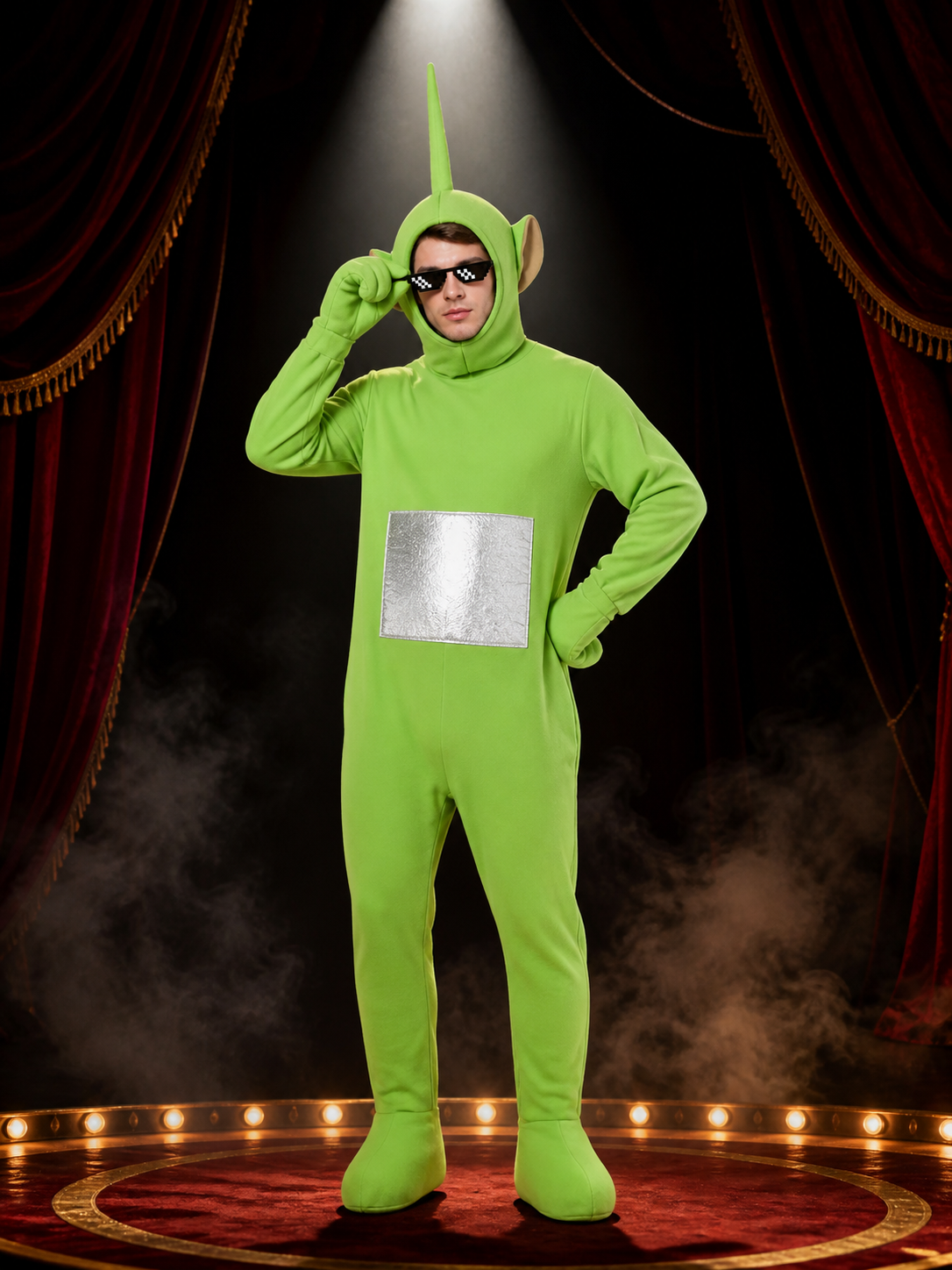 Adult Unisex Green Hooded Character Onesie Costume with Antenna, Pixel Glasses &
