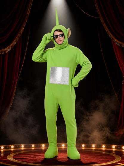 Adult Unisex Green Hooded Character Onesie Costume with Antenna, Pixel Glasses &