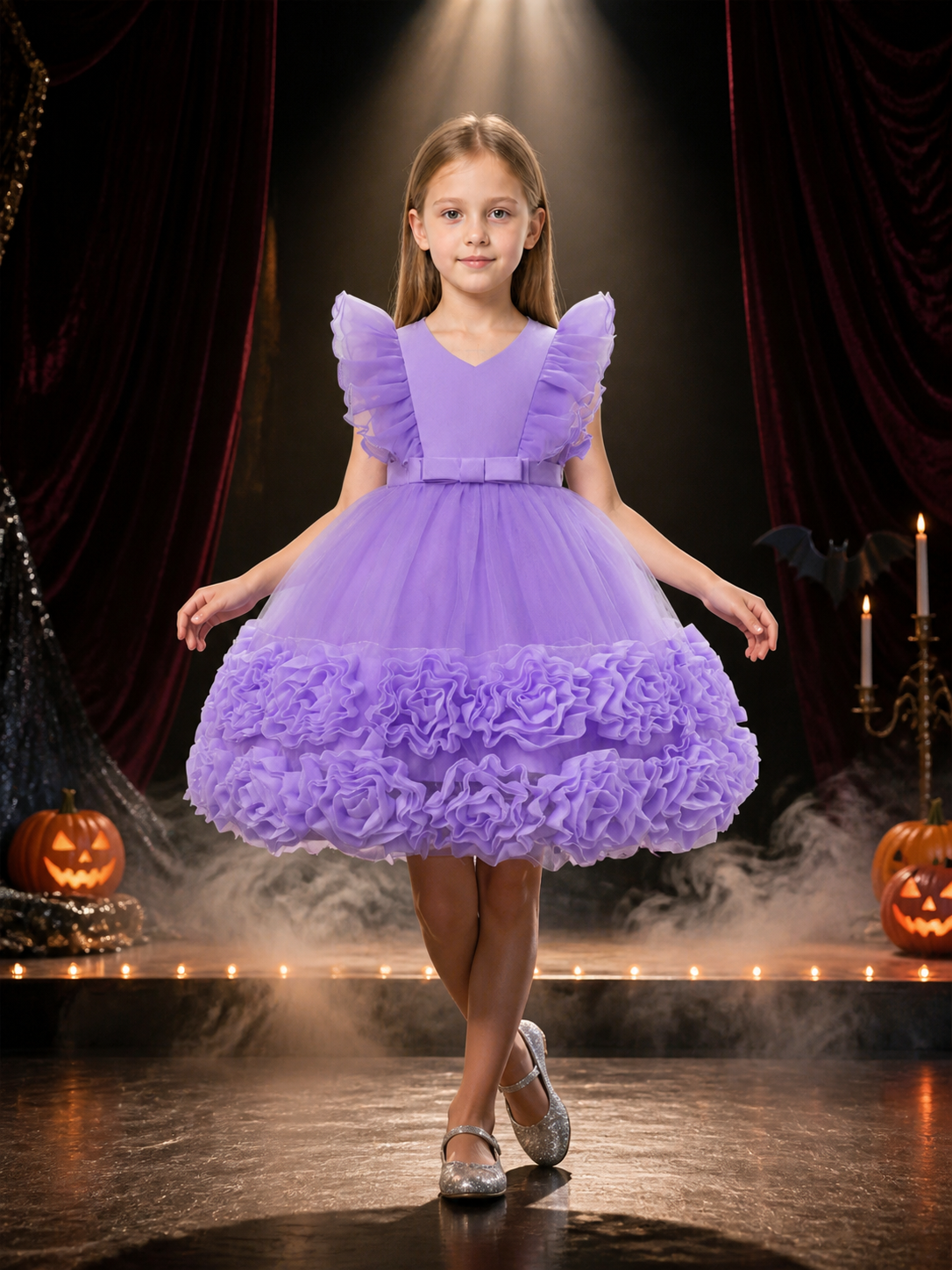 Toddler Girls' Lavender Princess Dress, Layered Tulle Skirt With Rose Trim And Costume Dresses detail 3