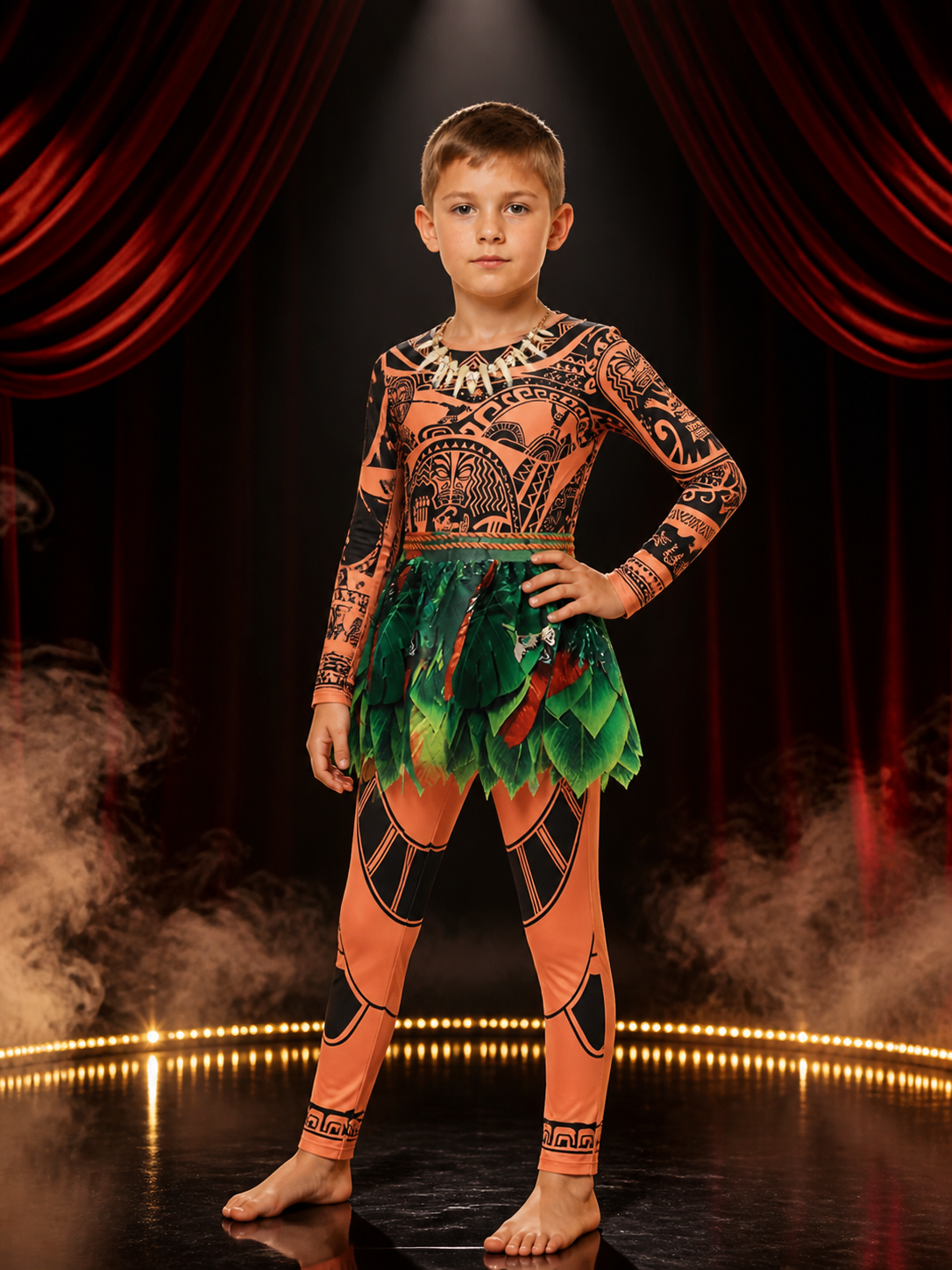 Boys' Tribal Print Bodysuit Costume Set with Leaf Skirt and Necklace Costumes detail 3