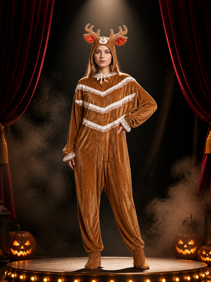 Women's Brown Reindeer Costume Jumpsuit, Hooded Animal Onesie with Antlers Costumes detail 3