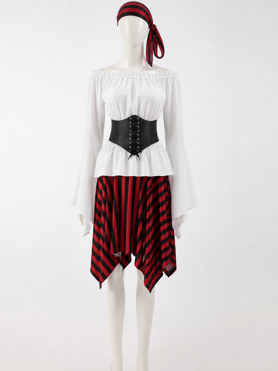 Women's Pirate Costume Set with Off Shoulder Top, Striped Skirt, Corset Belt & Costumes detail 3