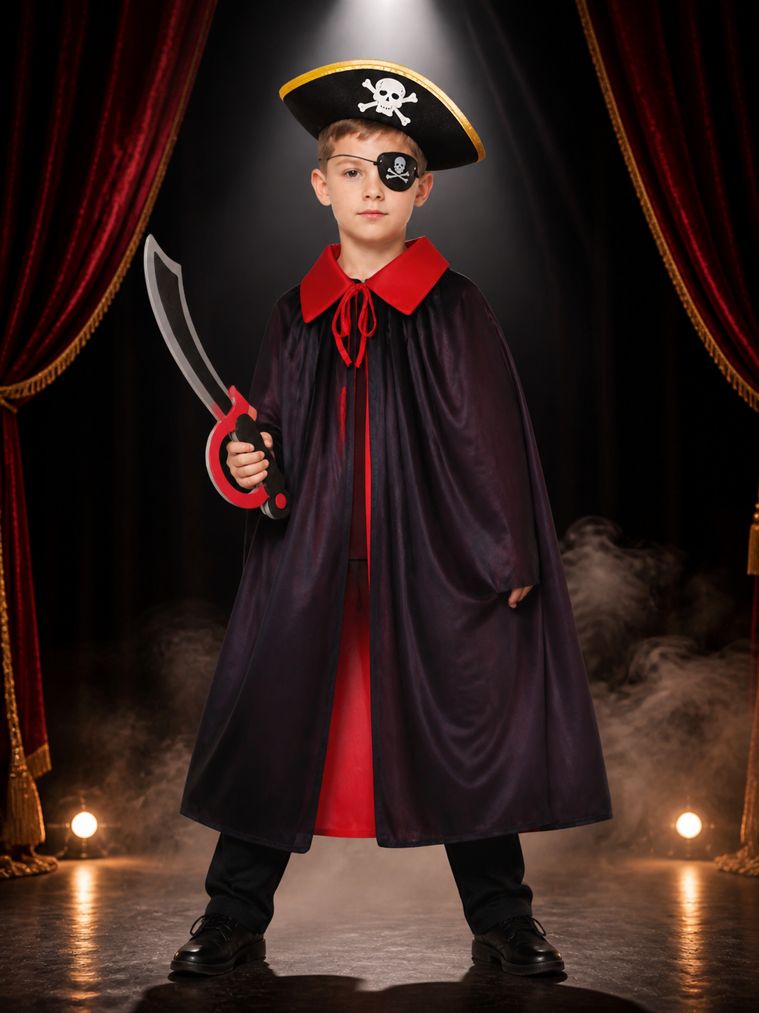 Pirate Cape Costume Set for Kids with Hat, Eye Patch & Toy Sword, Halloween Costume Capes detail 3