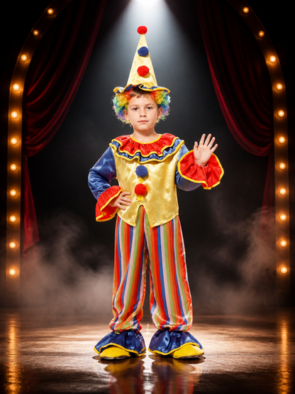 Kids' Colorful Clown Circus Costume Set with Ruffle Top, Pants and Pointed Hat Costume Headwear detail 3
