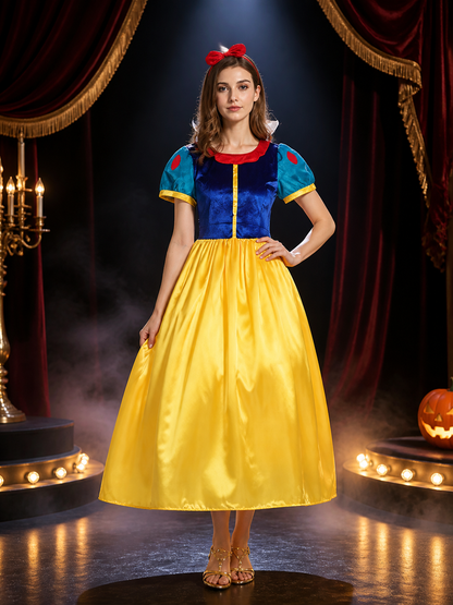 Women's Princess Cosplay Costume Dress, Blue & Yellow with Red Bow Headband and Costume Dresses detail 3