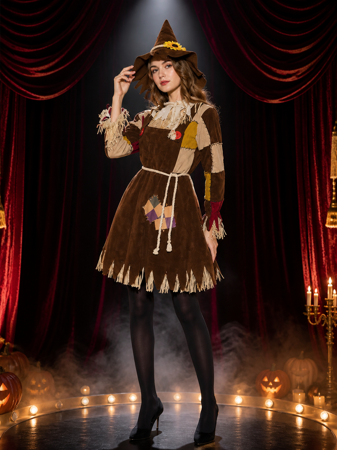 Witch Costume Set, Long Sleeve Patchwork Outfit with Fringed Details, Pointed Costumes detail 3