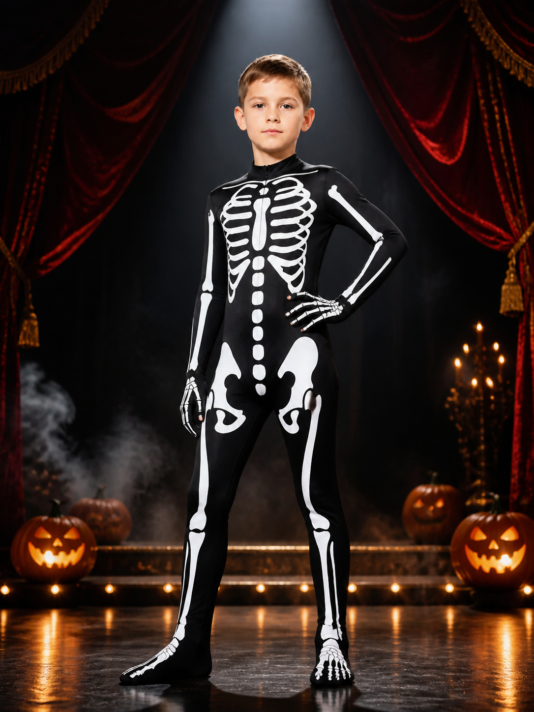 Skeleton Bodysuit Costume, Hooded Full Body Halloween Outfit on-model stage scene view