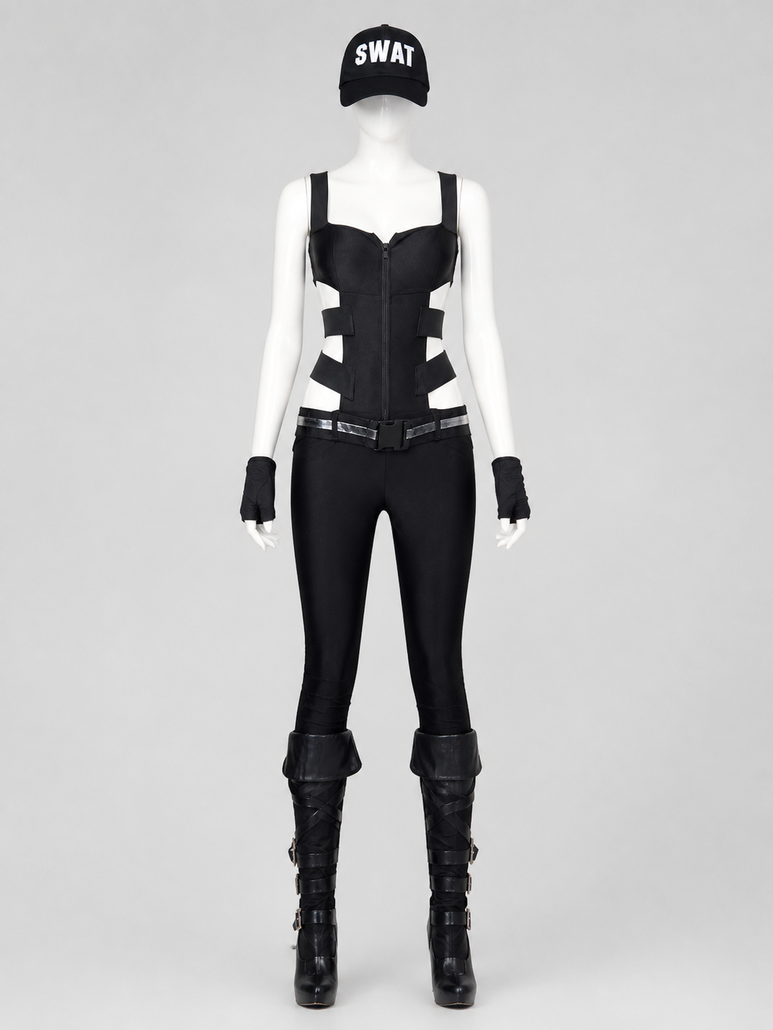 Women's Black SWAT Police Costume Set with Hat & Gloves, Halloween Cosplay Costume Headwear detail 3