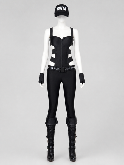 Women's Black SWAT Police Costume Set with Hat & Gloves, Halloween Cosplay Costume Headwear detail 3