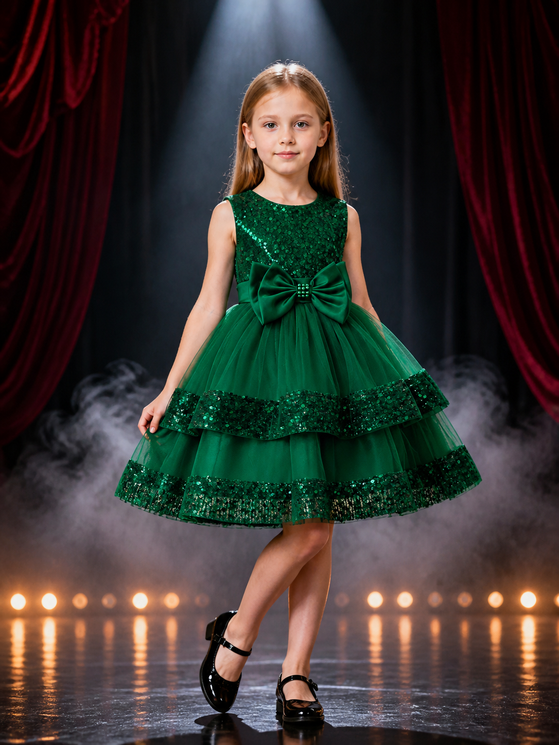 Girls' Dark Green Sequined Princess Dress, Layered Mesh Skirt With Satin Bow