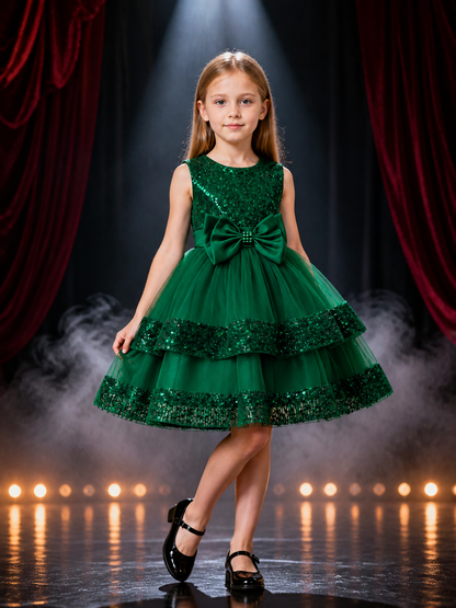 Girls' Dark Green Sequined Princess Dress, Layered Mesh Skirt With Satin Bow