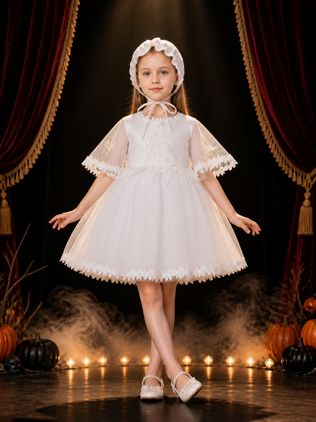 Baby Girls' White Princess Dress With Floral Trim And Ruffle Hat, Outfit Set Costume Dresses detail 3