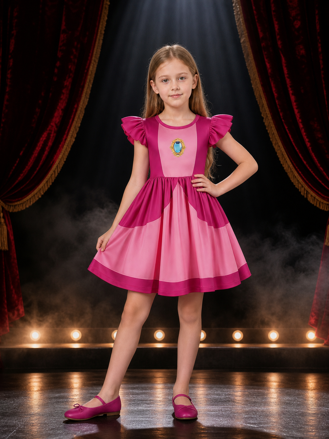Kids Princess Peach Halloween Costume Dress with Ruffle Sleeves and Flared Skirt on-model stage scene view